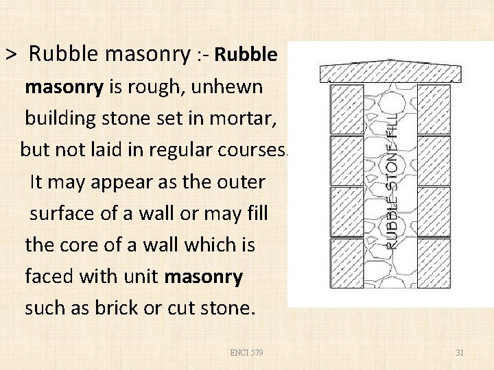 > Rubble masonry : - Rubble masonry is rough, unhewn building stone set in