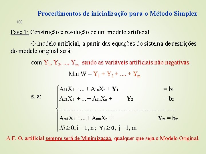 Procedimentos de inicialização para o Método Simplex 106 Fase 1: Construção e resolução de