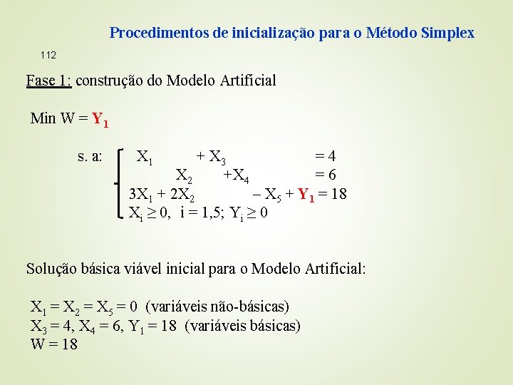 Procedimentos de inicialização para o Método Simplex 112 Fase 1: construção do Modelo Artificial
