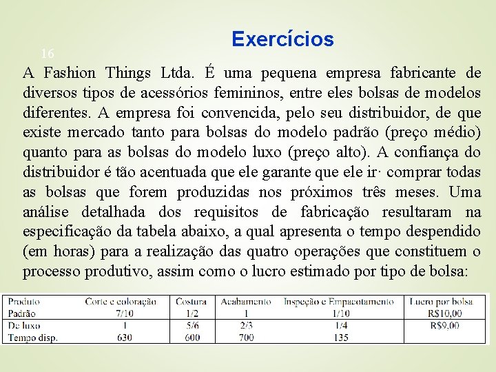 16 Exercícios A Fashion Things Ltda. É uma pequena empresa fabricante de diversos tipos