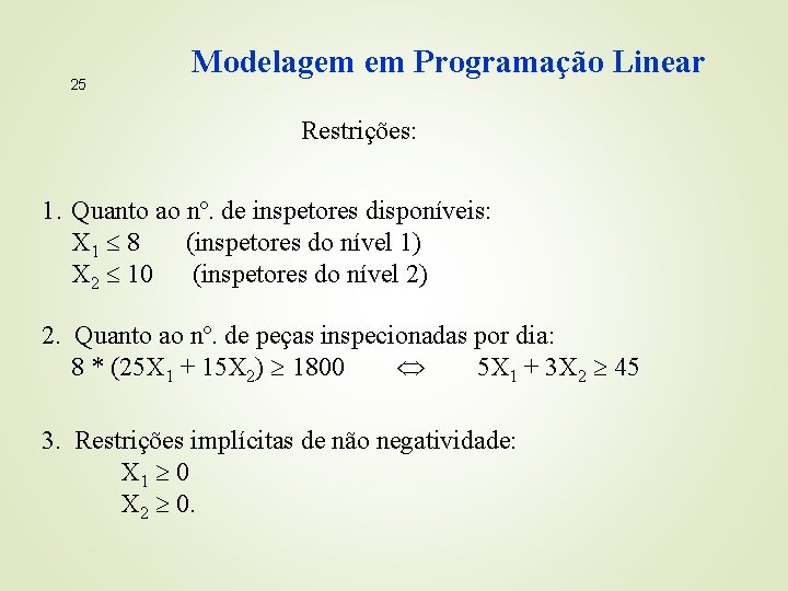 25 Modelagem em Programação Linear Restrições: 1. Quanto ao nº. de inspetores disponíveis: X