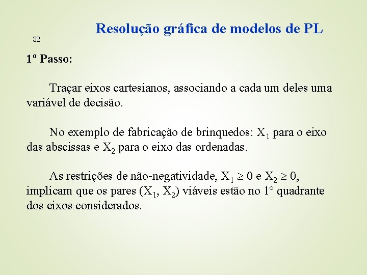 32 Resolução gráfica de modelos de PL 1º Passo: Traçar eixos cartesianos, associando a