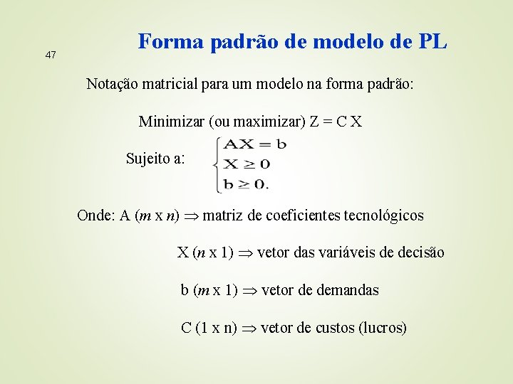 47 Forma padrão de modelo de PL Notação matricial para um modelo na forma
