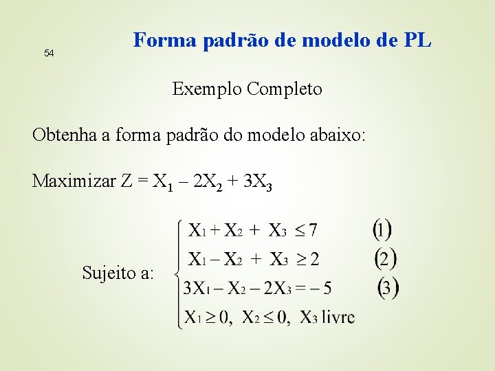 54 Forma padrão de modelo de PL Exemplo Completo Obtenha a forma padrão do