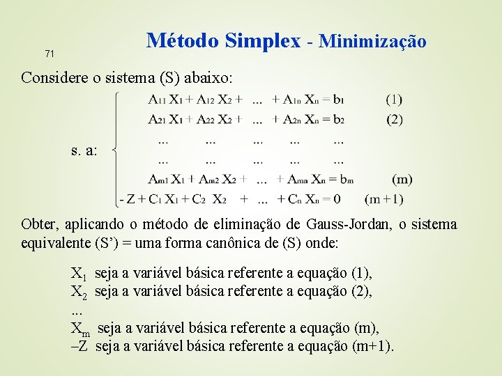 Método Simplex - Minimização 71 Considere o sistema (S) abaixo: s. a: Obter, aplicando