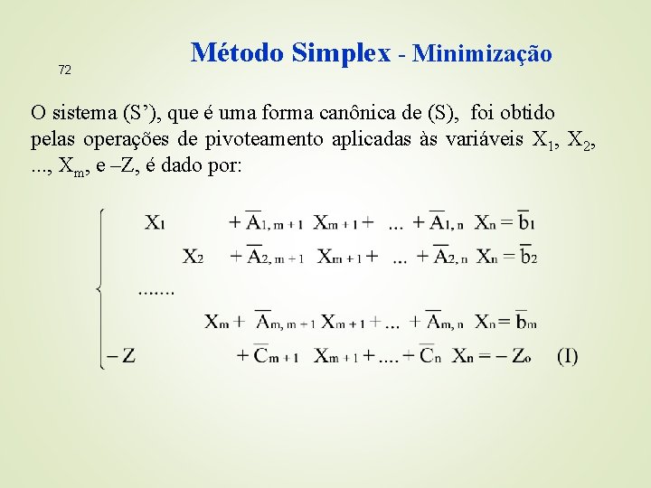 72 Método Simplex - Minimização O sistema (S’), que é uma forma canônica de