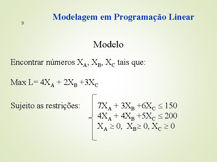 9 Modelagem em Programação Linear Modelo Encontrar números XA, XB, XC tais que: Max