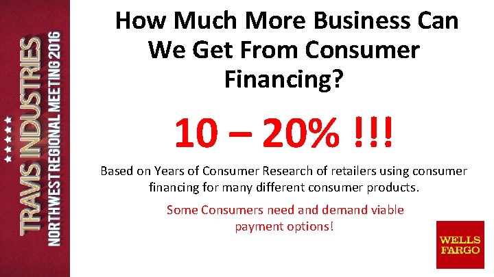 How Much More Business Can We Get From Consumer Financing? 10 – 20% !!! How Much More Business Can We Get From Consumer Financing? 10 – 20% !!!