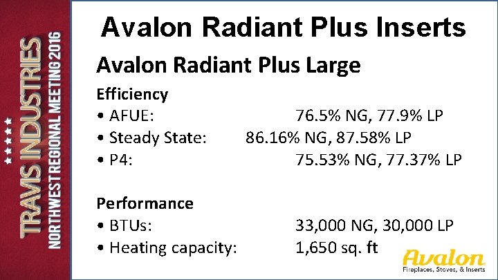 Avalon Radiant Plus Inserts Avalon Radiant Plus Large Efficiency • AFUE: • Steady State: Avalon Radiant Plus Inserts Avalon Radiant Plus Large Efficiency • AFUE: • Steady State: