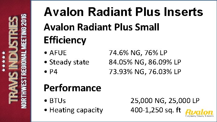Avalon Radiant Plus Inserts Avalon Radiant Plus Small Efficiency • AFUE • Steady state Avalon Radiant Plus Inserts Avalon Radiant Plus Small Efficiency • AFUE • Steady state