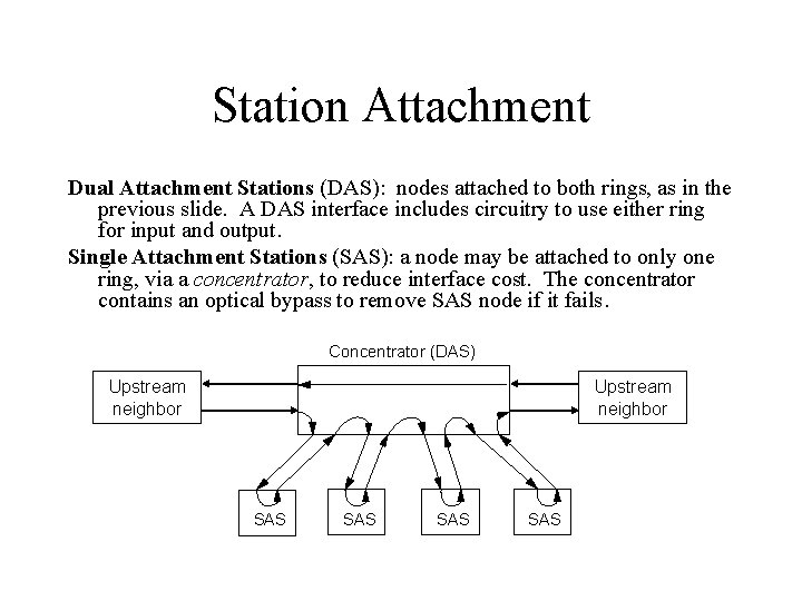 Station Attachment Dual Attachment Stations (DAS): nodes attached to both rings, as in the