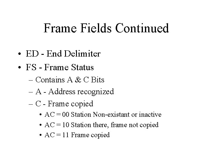 Frame Fields Continued • ED - End Delimiter • FS - Frame Status –