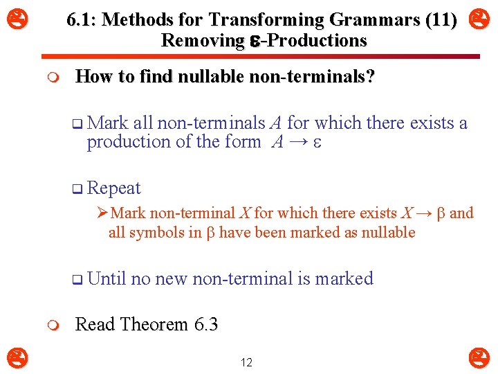  6. 1: Methods for Transforming Grammars (11) Removing e-Productions m How to find