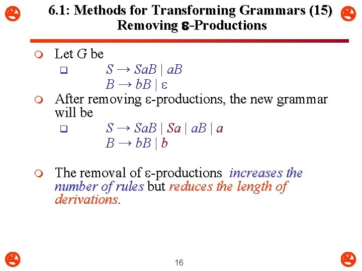 6. 1: Methods for Transforming Grammars (15) Removing e-Productions m Let G be S