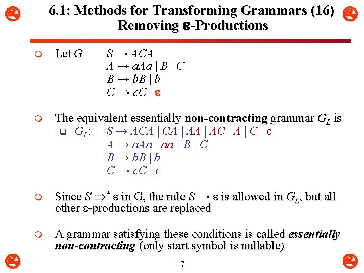 6. 1: Methods for Transforming Grammars (16) Removing e-Productions m Let G S →