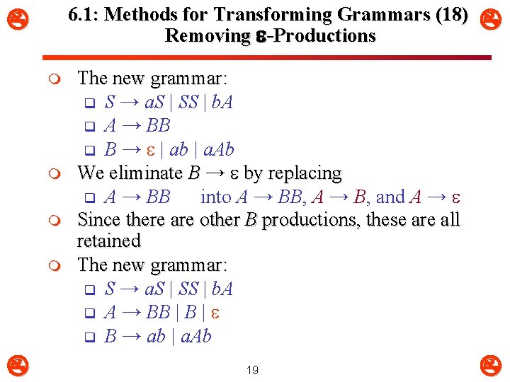 6. 1: Methods for Transforming Grammars (18) Removing e-Productions m m The new grammar: