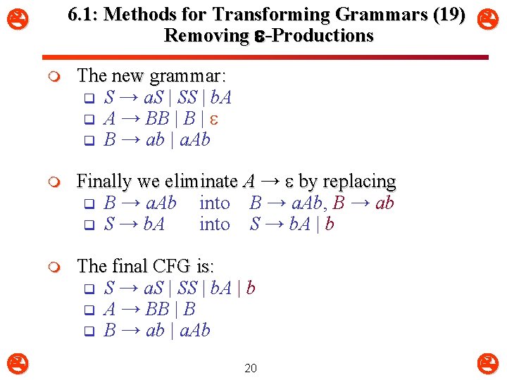 6. 1: Methods for Transforming Grammars (19) Removing e-Productions m The new grammar: q