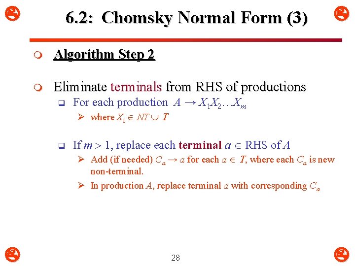  6. 2: Chomsky Normal Form (3) m Algorithm Step 2 m Eliminate terminals
