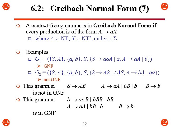  6. 2: Greibach Normal Form (7) m A context-free grammar is in Greibach