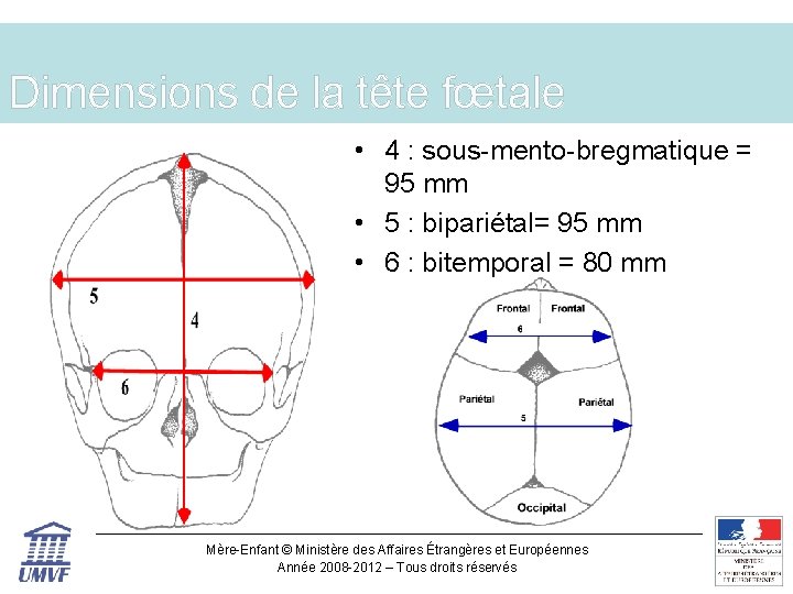 Dimensions de la tête fœtale • 4 : sous-mento-bregmatique = 95 mm • 5