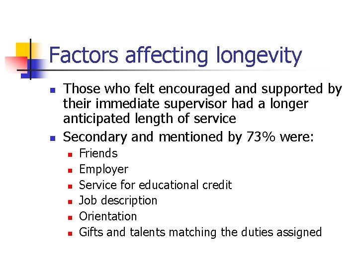 Factors affecting longevity n n Those who felt encouraged and supported by their immediate