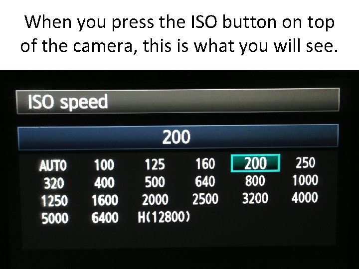 When you press the ISO button on top of the camera, this is what