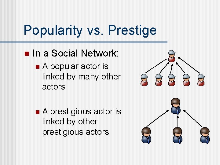 Popularity vs. Prestige n In a Social Network: n A popular actor is linked