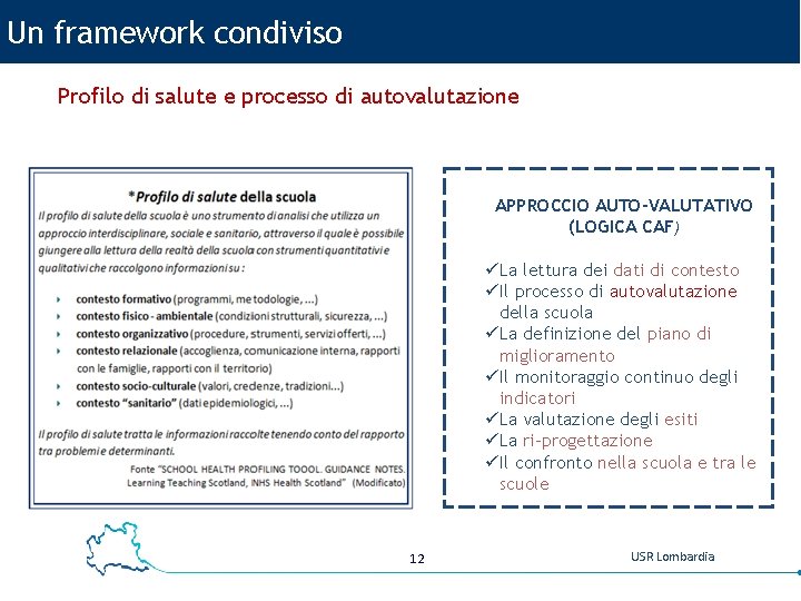 Un framework condiviso Profilo di salute e processo di autovalutazione APPROCCIO AUTO-VALUTATIVO (LOGICA CAF)