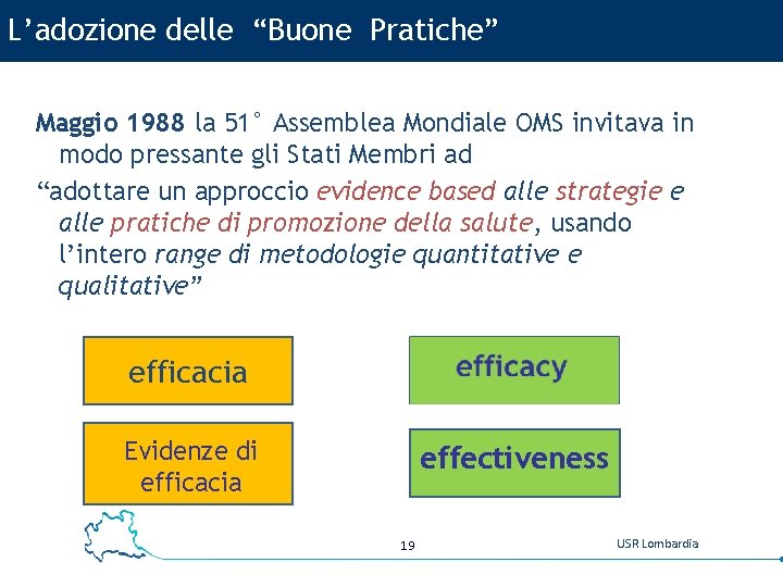 L’adozione delle “Buone Pratiche” Maggio 1988 la 51° Assemblea Mondiale OMS invitava in modo