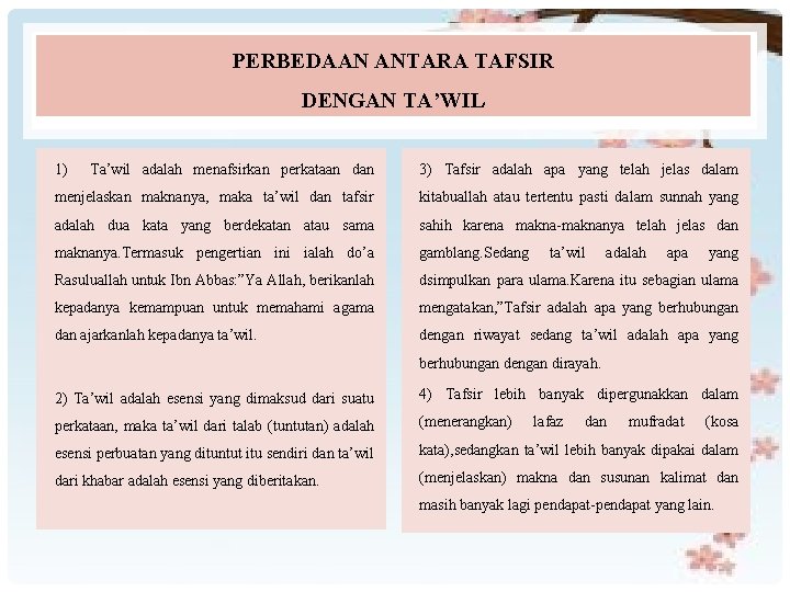 PERBEDAAN ANTARA TAFSIR DENGAN TA’WIL Ta’wil adalah menafsirkan perkataan dan 3) Tafsir adalah apa