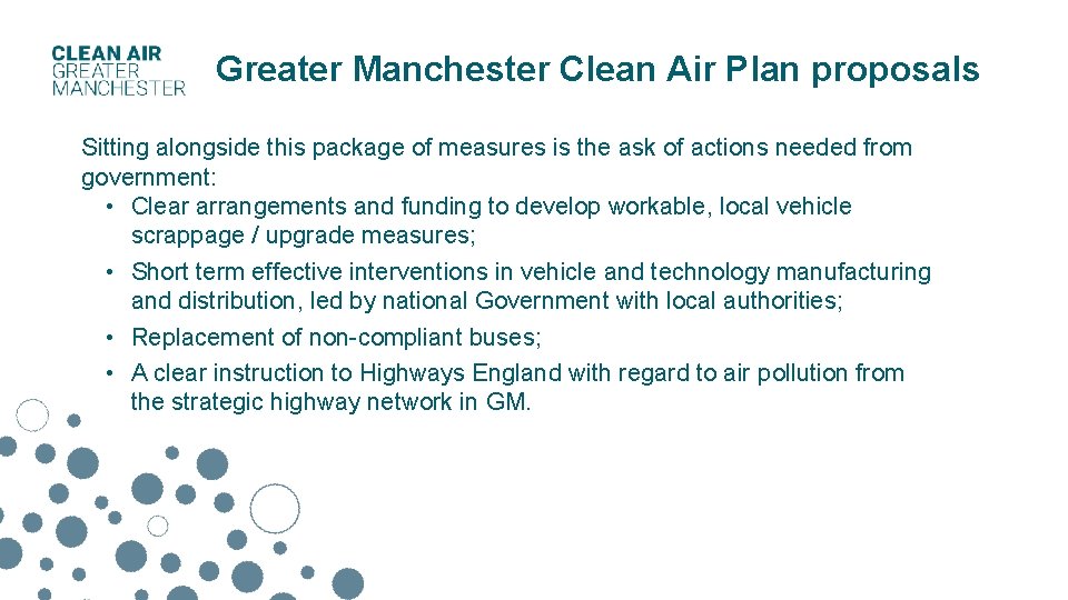 Greater Manchester Clean Air Plan proposals Sitting alongside this package of measures is the Greater Manchester Clean Air Plan proposals Sitting alongside this package of measures is the