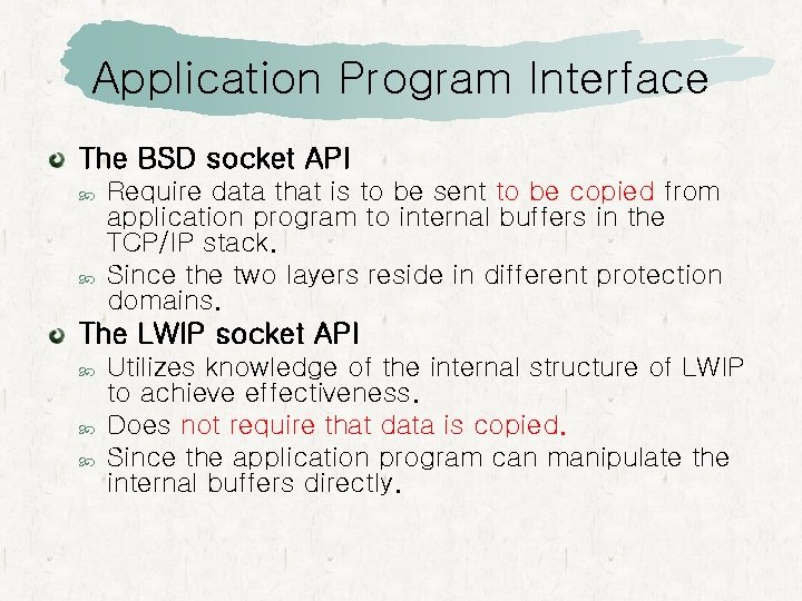 Application Program Interface The BSD socket API Require data that is to be sent