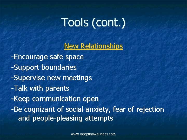 Tools (cont. ) New Relationships -Encourage safe space -Support boundaries -Supervise new meetings -Talk