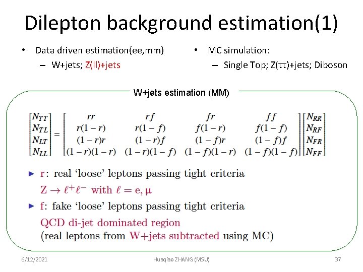 Dilepton background estimation(1) • Data driven estimation(ee, mm) – W+jets; Z(ll)+jets • MC simulation:
