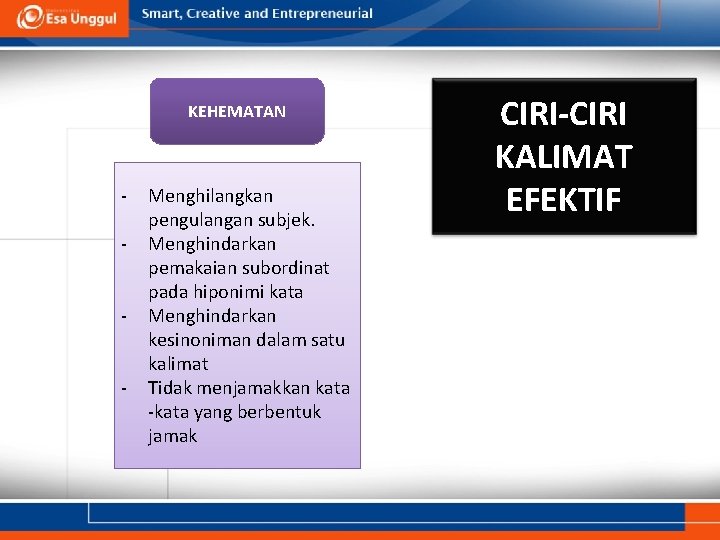 KEHEMATAN - Menghilangkan pengulangan subjek. Menghindarkan pemakaian subordinat pada hiponimi kata Menghindarkan kesinoniman dalam