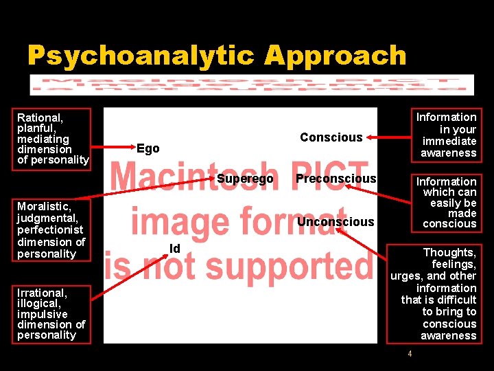 Psychoanalytic Approach Rational, planful, mediating dimension of personality Conscious Ego Superego Moralistic, judgmental, perfectionist