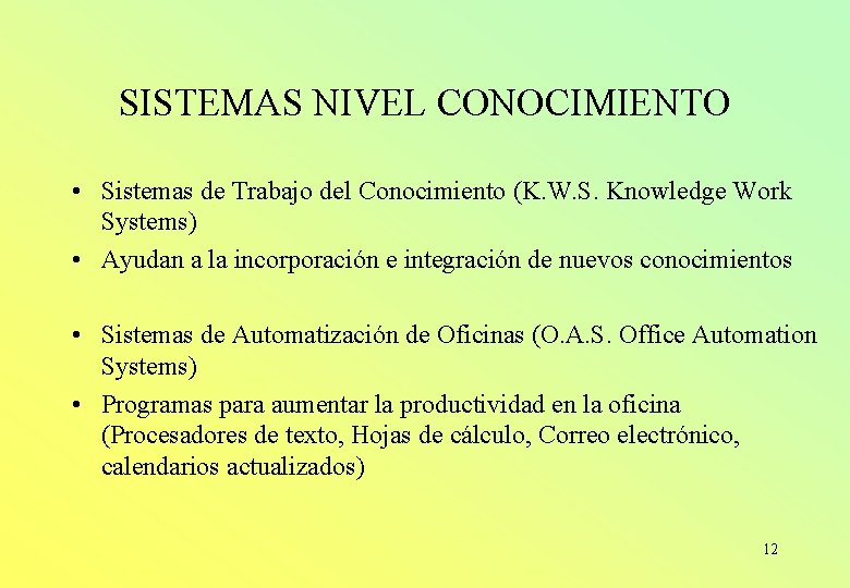 SISTEMAS NIVEL CONOCIMIENTO • Sistemas de Trabajo del Conocimiento (K. W. S. Knowledge Work