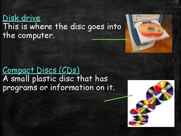 Disk drive This is where the disc goes into the computer. Compact Discs (CDs)