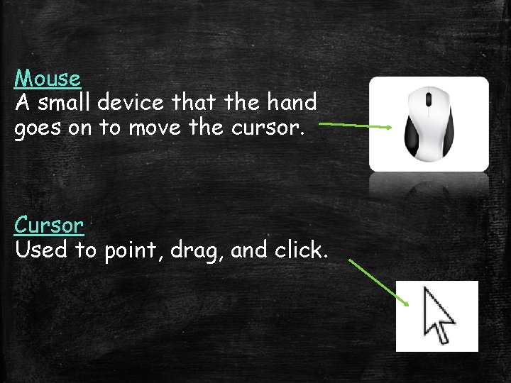 Mouse A small device that the hand goes on to move the cursor. Cursor