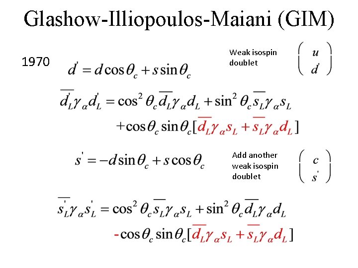 Glashow-Illiopoulos-Maiani (GIM) 1970 Weak isospin doublet Add another weak isospin doublet 