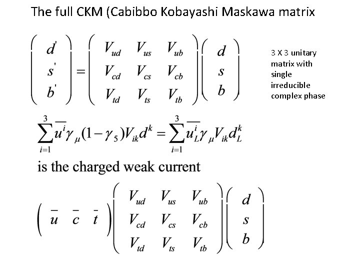 The full CKM (Cabibbo Kobayashi Maskawa matrix 3 X 3 unitary matrix with single