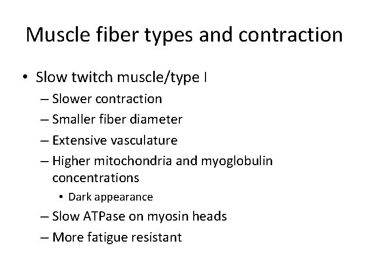 Muscle fiber types and contraction • Slow twitch muscle/type I – Slower contraction –
