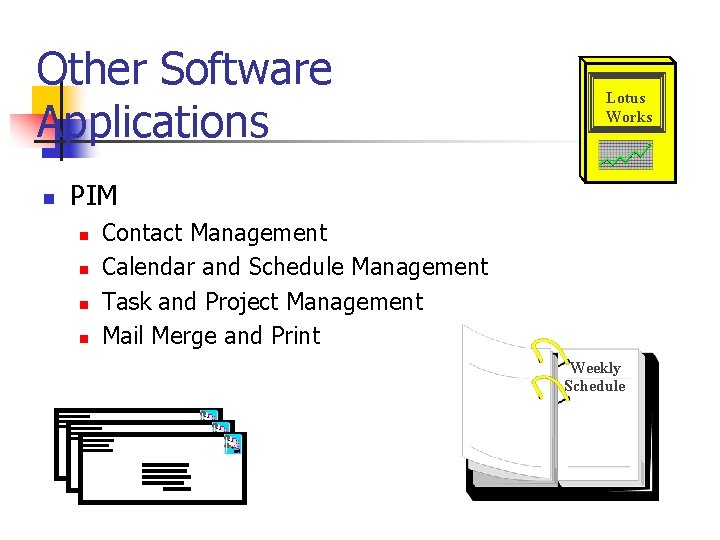 Other Software Applications n Lotus Works PIM n n Contact Management Calendar and Schedule
