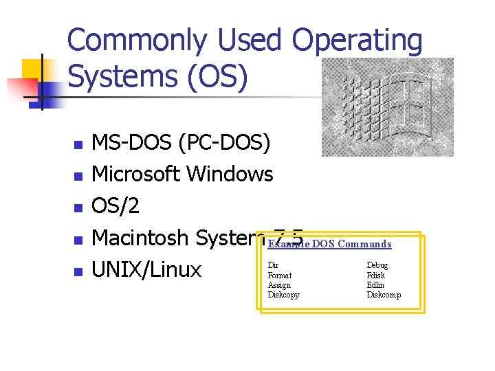 Commonly Used Operating Systems (OS) n n n MS-DOS (PC-DOS) Microsoft Windows OS/2 Macintosh