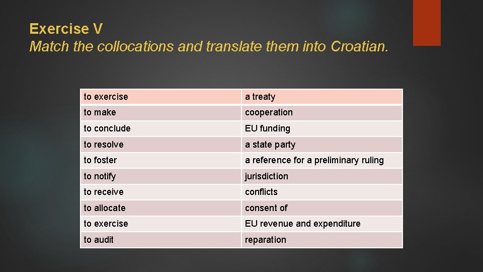 Exercise V Match the collocations and translate them into Croatian. to exercise a treaty