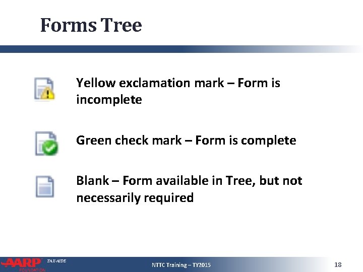 Forms Tree Yellow exclamation mark – Form is incomplete Green check mark – Form