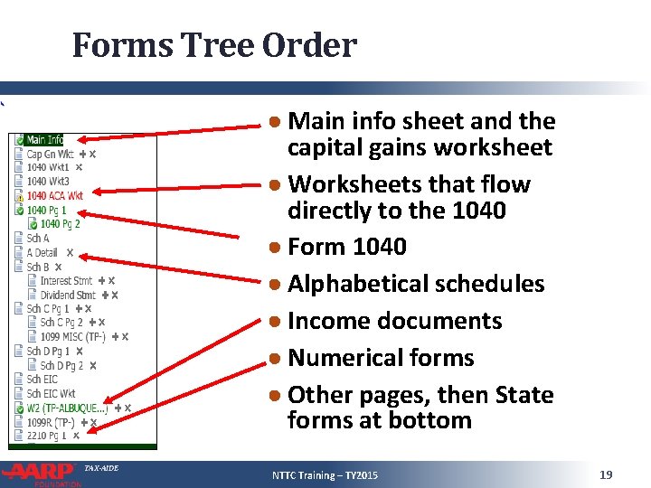 Forms Tree Order ● Main info sheet and the capital gains worksheet ● Worksheets
