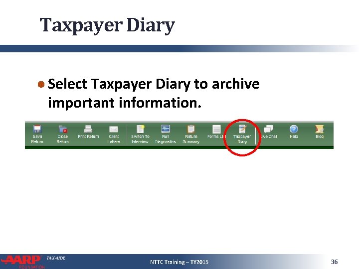 Taxpayer Diary ● Select Taxpayer Diary to archive important information. TAX-AIDE NTTC Training –