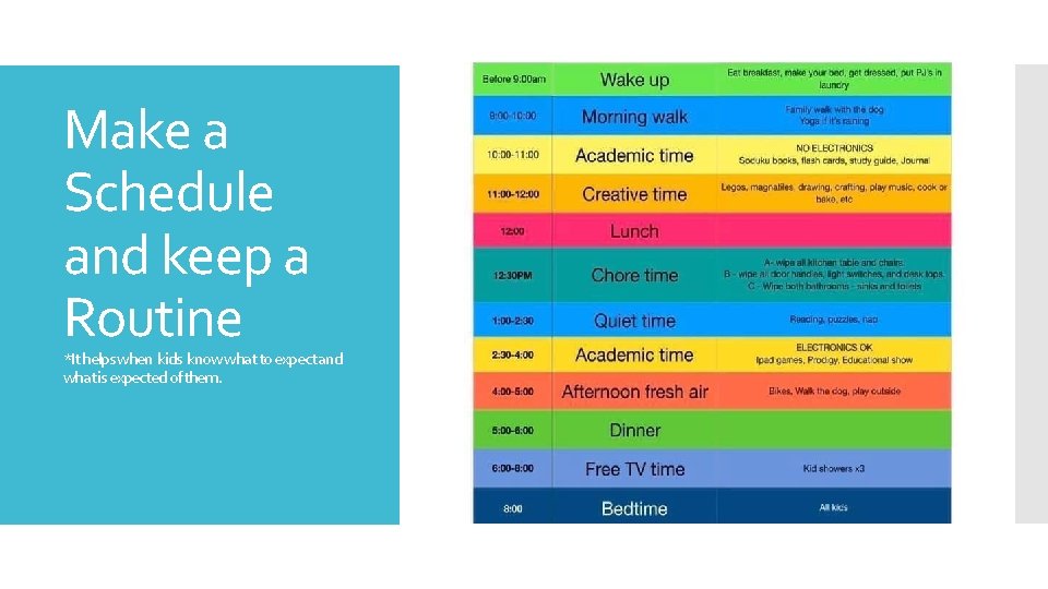 Make a Schedule and keep a Routine *It helps when kids know what to