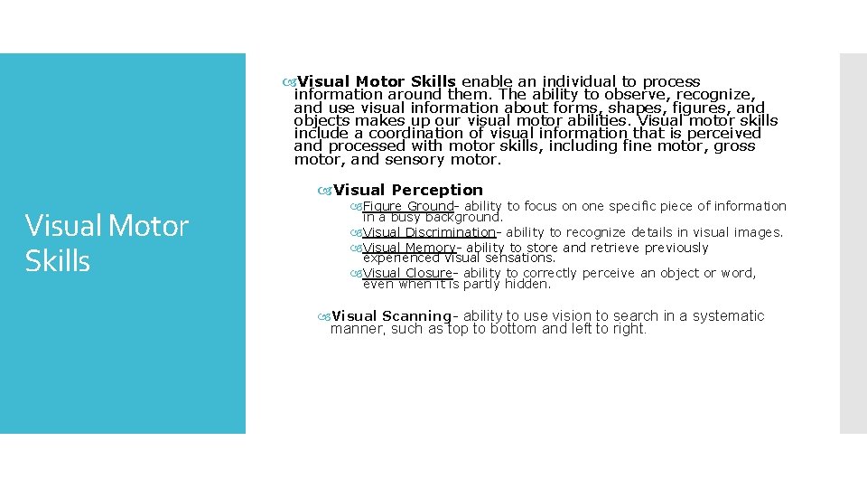  Visual Motor Skills enable an individual to process information around them. The ability